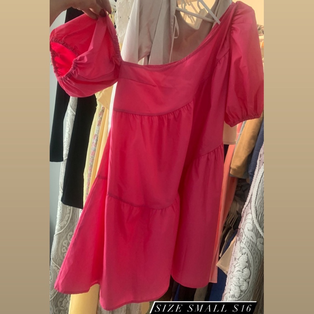 Puff sleeve one shoulder hot pink dress